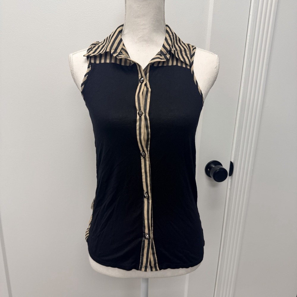 Y2K Black Sleeveless Sheer Button Down Top with Striped Collar medium